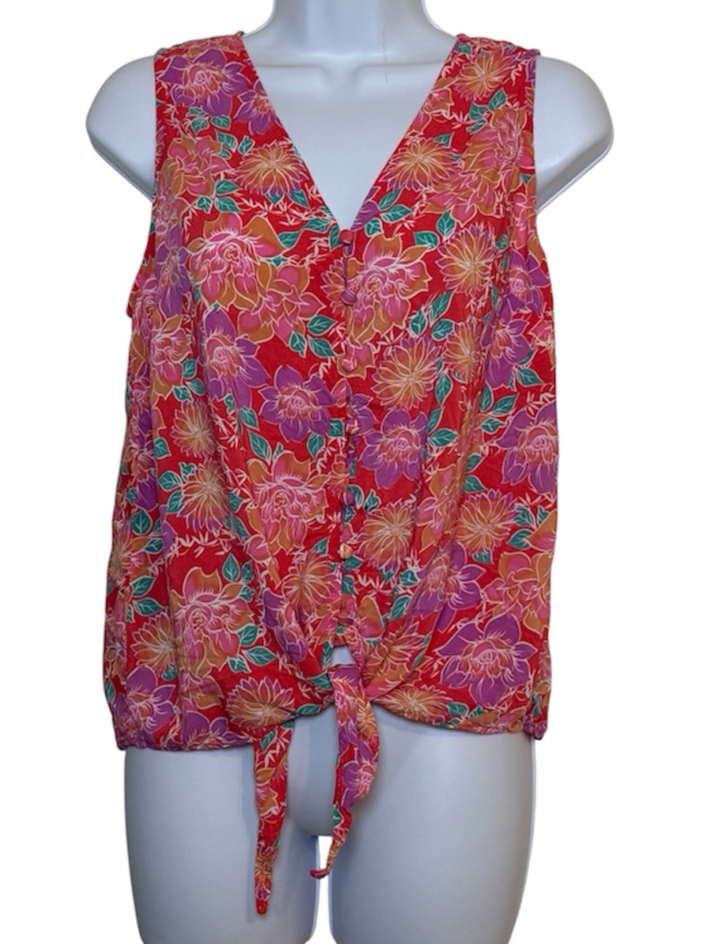 Cynthia Rowley Floral Button Front Tie Blouse Pink Purple Tropical Rayon Top